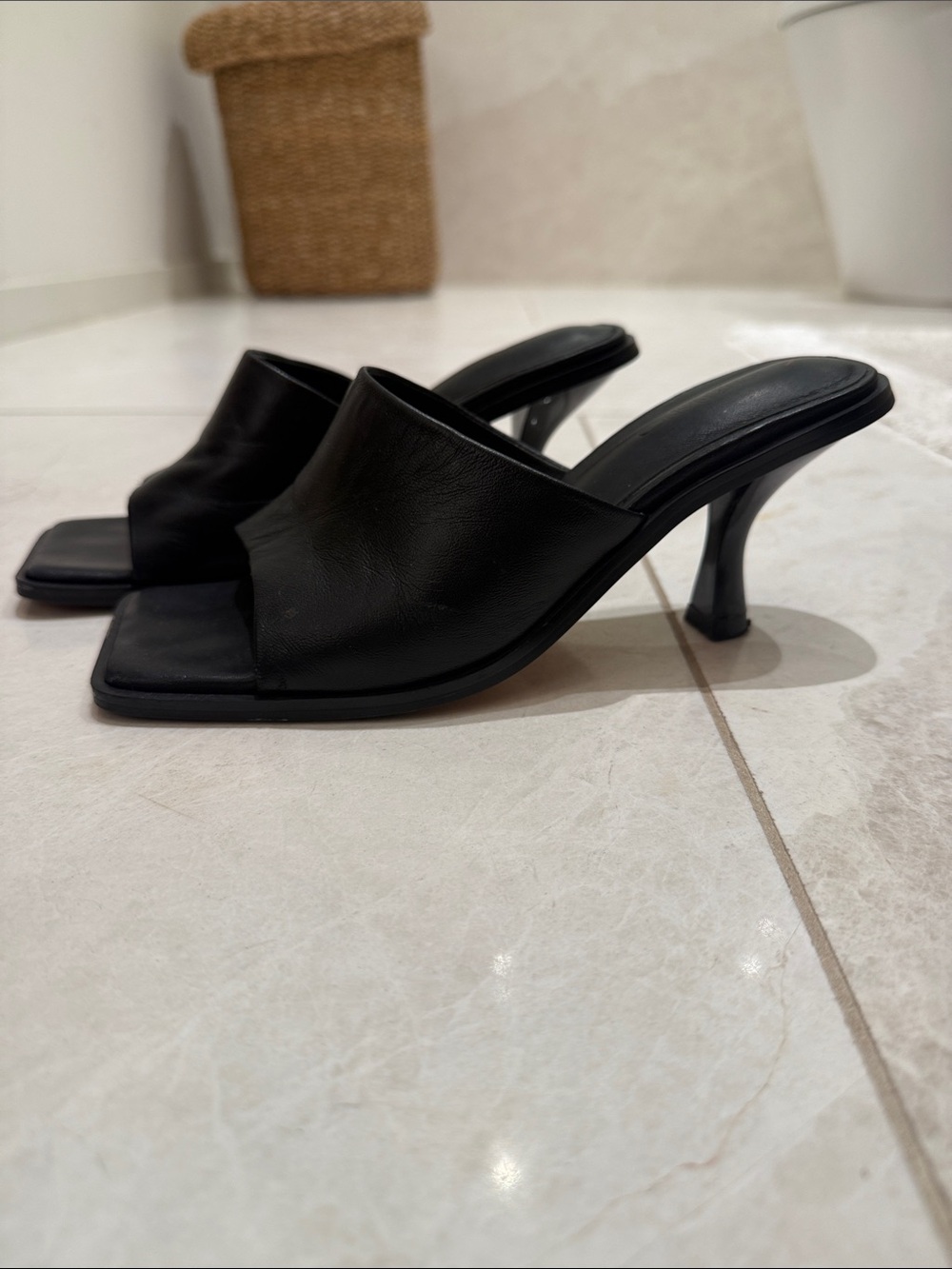 Tony Bianco Black Leather Square-Toe Mule Heels